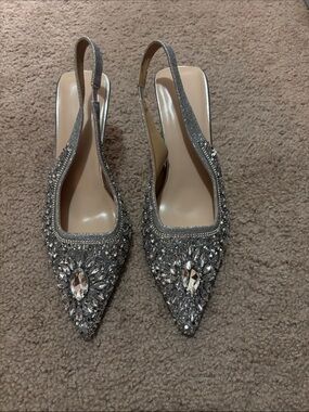 Elegant Silver Jeweled Pointed Slingback Heels